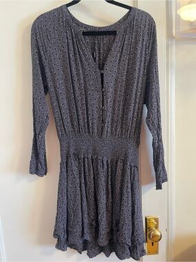Rails Charcoal Gray Printed Long Sleeve Smocked Dress